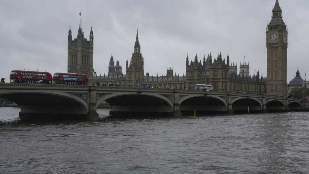 A general view of the Houses of Parliament from across the River Thames in London, Friday, May 3, 2024.