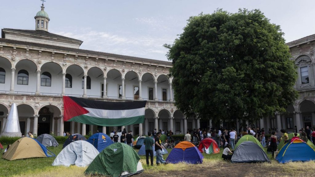 Students camp at State University during a pro-Palestine protest in Milan, Italy, Friday May 10, 2024.