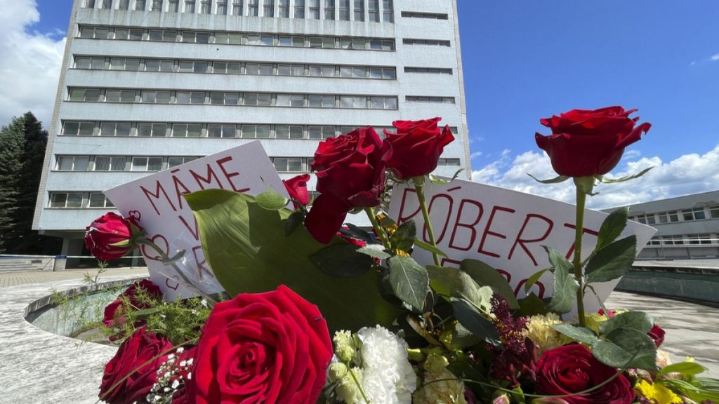 Flowers are placed outside the F. D. Roosevelt University Hospital in Banska Bystrica, central Slovakia, Saturday, May 18, 2024