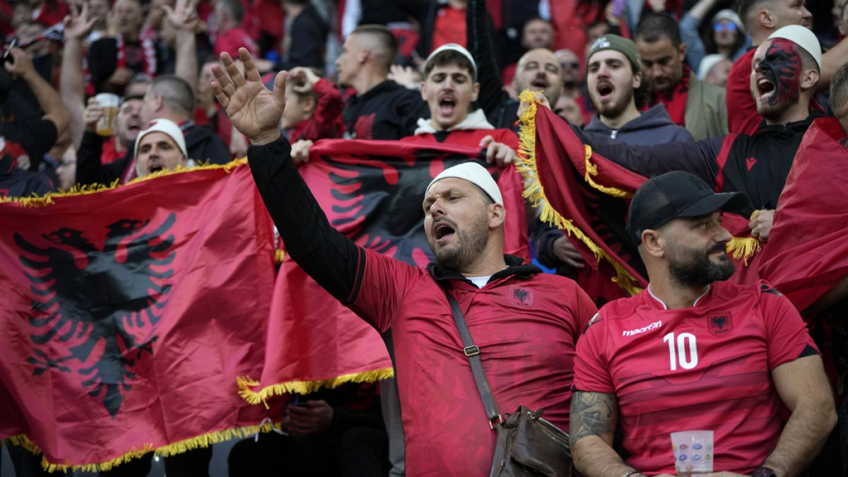 lbania fans cheer prior to the Group B match between Italy and Albania at the Euro 2024 tournament in Dortmund, Germany, Saturday, June 15, 2024