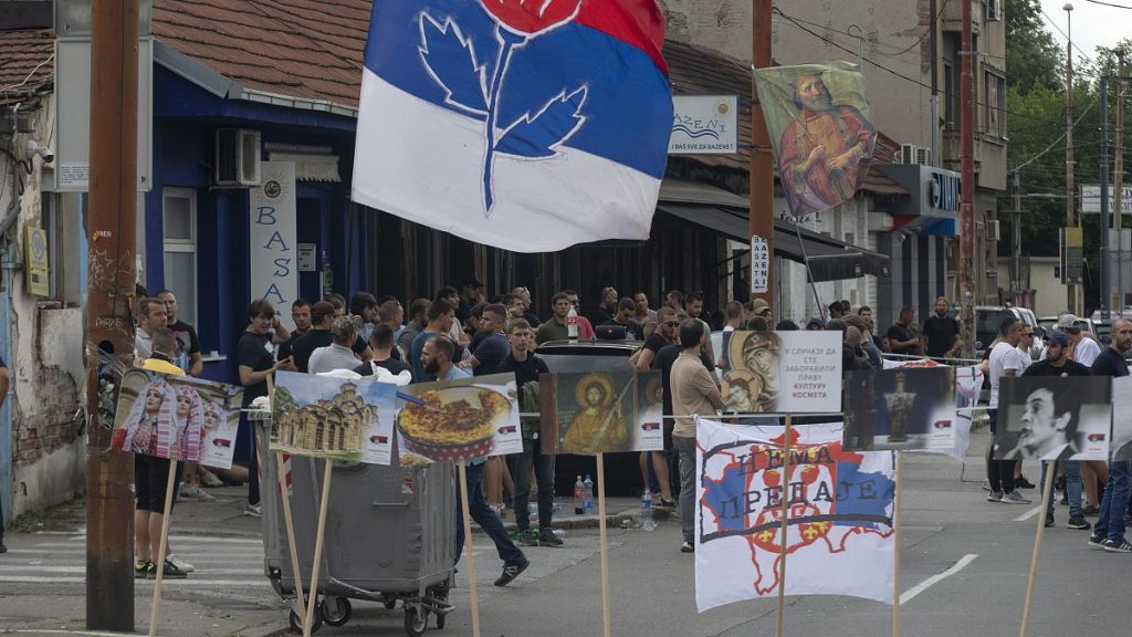Right-wing protesters rally outside venue of Serbia-Kosovo cultural exchange festival in Belgrade, June 27, 2024