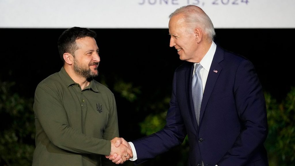 U.S. President Joe Biden, right, shakes hands with Ukraine