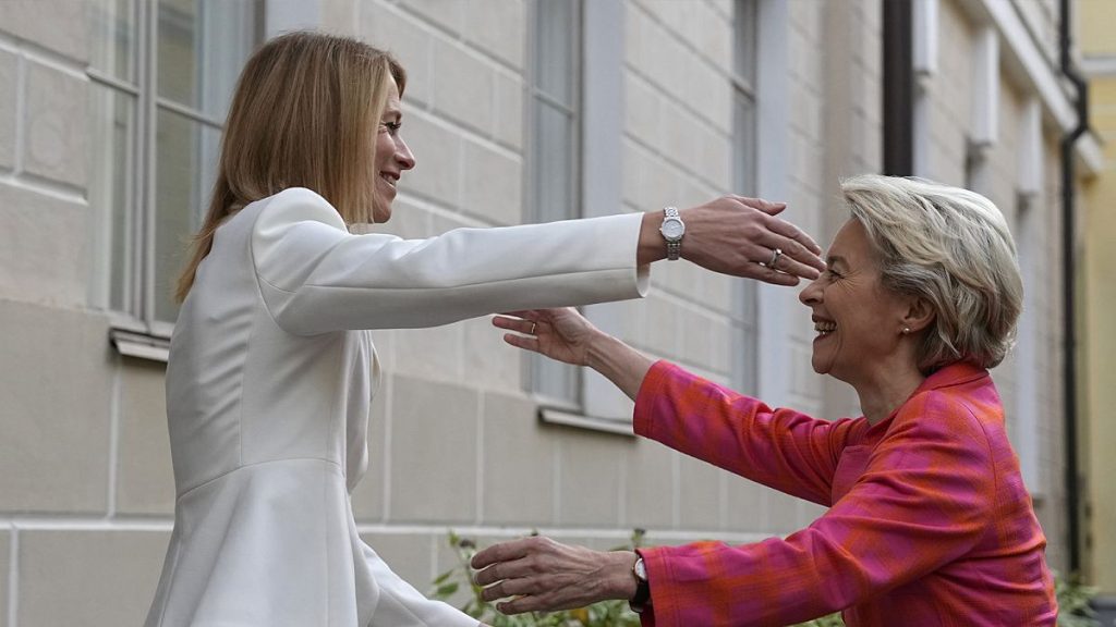 Prime Minister of Estonia Kaja Kallas, left, greets European Commission President Ursula von der Leyen during their meeting at the Stenbock House, in Tallinn, 10 October 2022