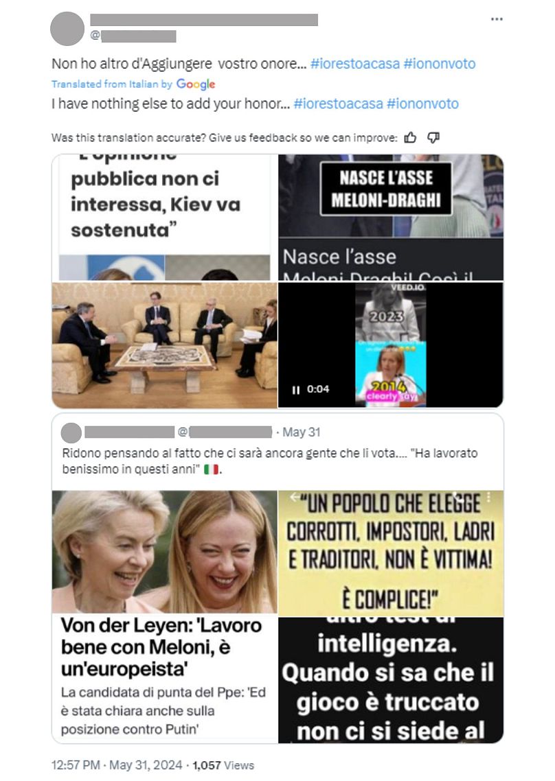 X utilisateurs utilisant les hashtags #iorestoacasa #iononvoto