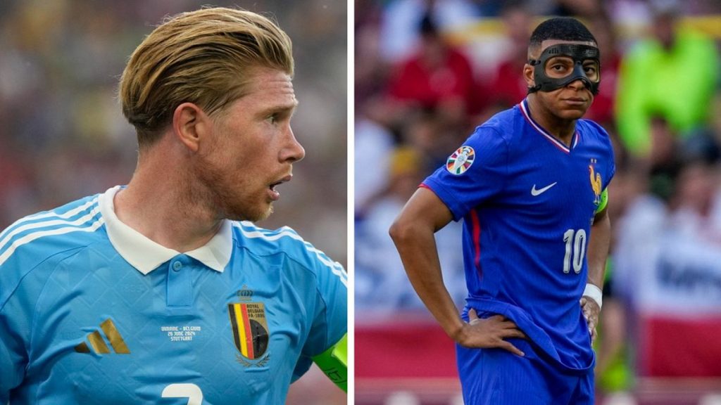 Kevin De Bruyne, Belgium, left, Kylian Mbappé, France, right.