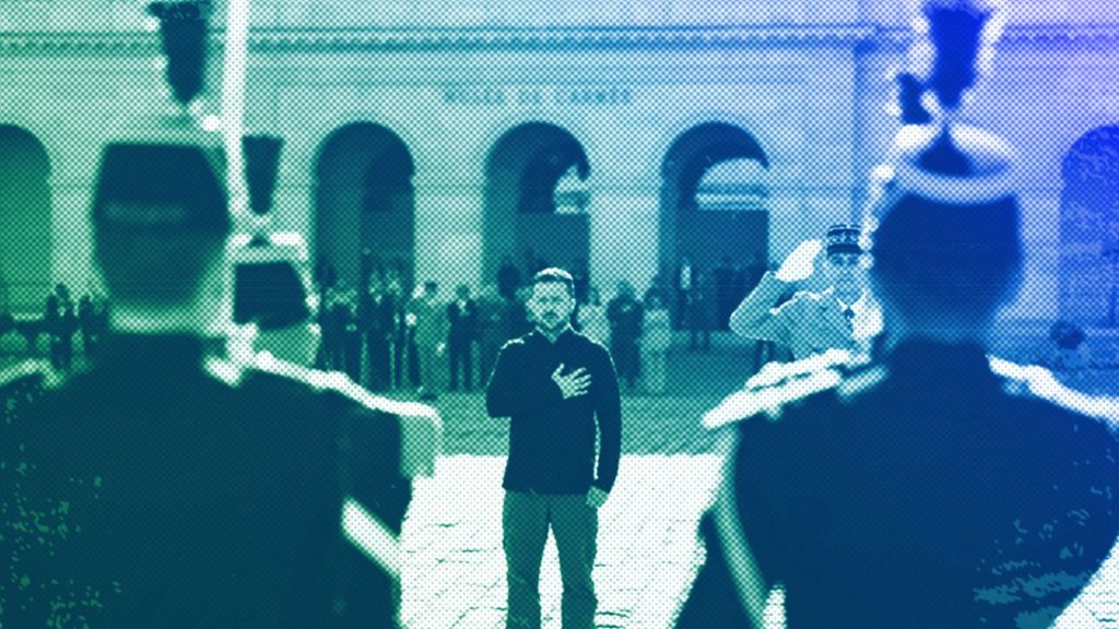 Ukrainian President Volodymyr Zelenskyy listens to the Ukrainian national anthem at the Invalides monument during a military honour ceremony, 7 June 2024