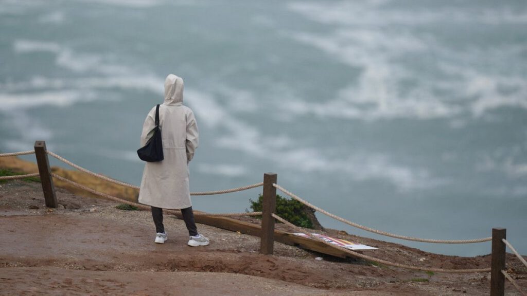 A person watches the sea from the top of a cliff at Praia do Norte, or North Beach, in Nazare, Portugal, Monday, Jan. 9, 2023.
