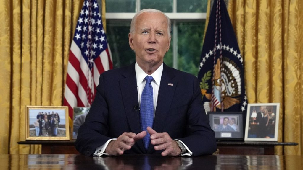 President Joe Biden addresses the nation from the Oval Office of the White House in Washington, Wednesday, July 24, 2024, about his decision to drop bid.