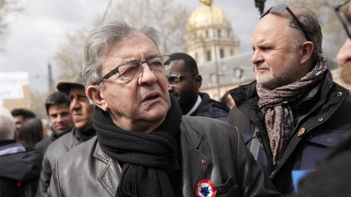 Far-left politician Jean-Luc Melenchon attends a demonstration on Thursday, April 6, 2023 in Paris.