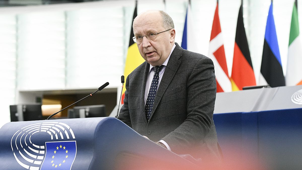 Andrius Kubilius addresses the European Parliament in February 2024