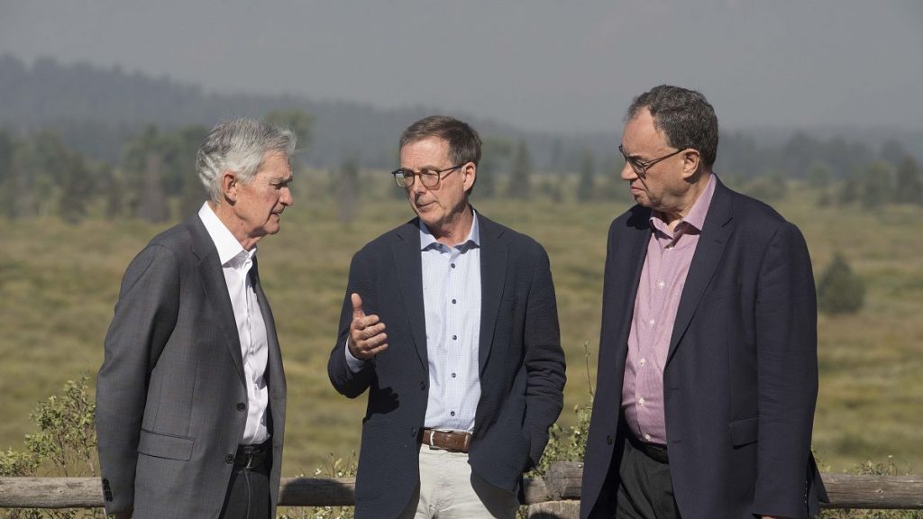 Fed Chairman Jerome Powell, Governor of the BoC Tiff Macklem, and Governor of the BoE Andrew Bailey at the Jackson Hole Economic Symposium. 23 August 2024.