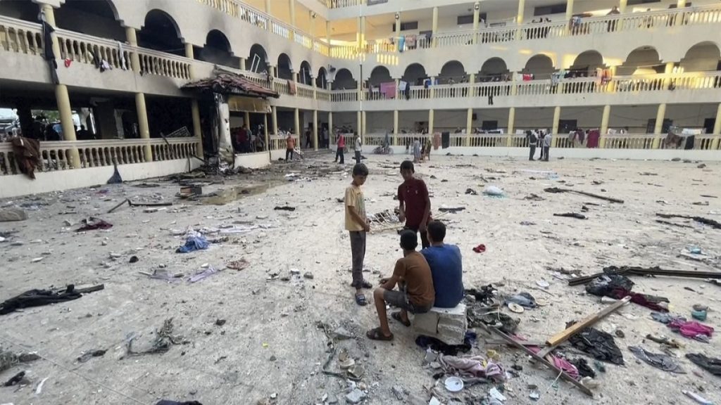 The blown-out Tabeen school yard in Central Gaza after an Israeli airstrike in on Saturday, August 10, 2024.