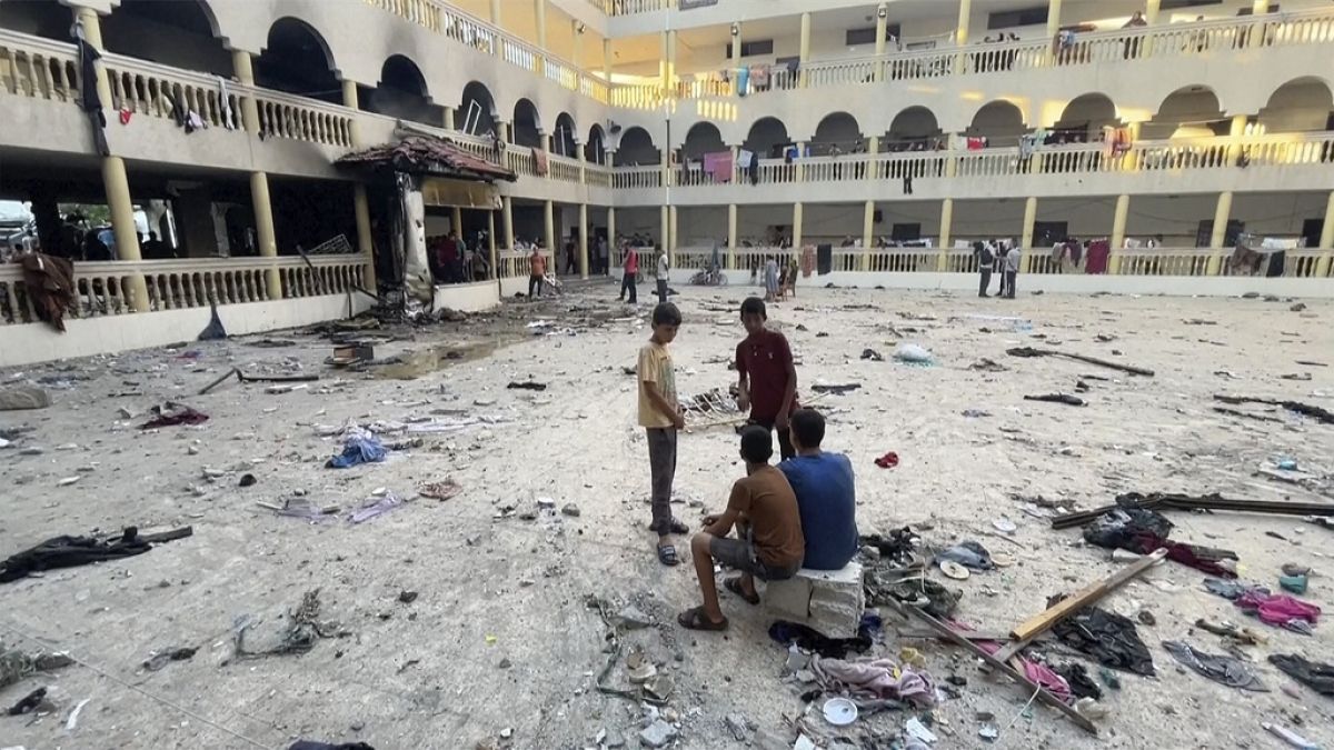 The blown-out Tabeen school yard in Central Gaza after an Israeli airstrike in on Saturday, August 10, 2024.