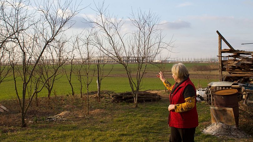 Judit Szemán examine les terres agricoles à l'extérieur des portes de l'usine.