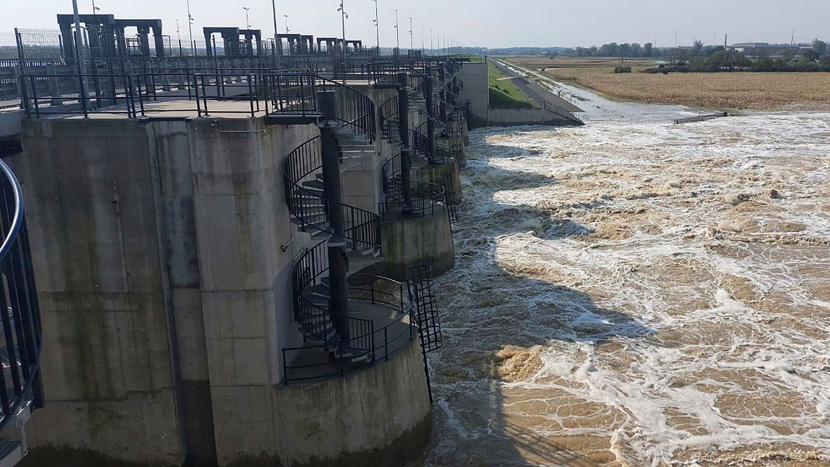 Oder River flood waters channelled into and contained by the newly-built Lower Raciborz Reservoir that has spared the cities of Opole and Wroclaw from flooding, 23 Sept. 2024.