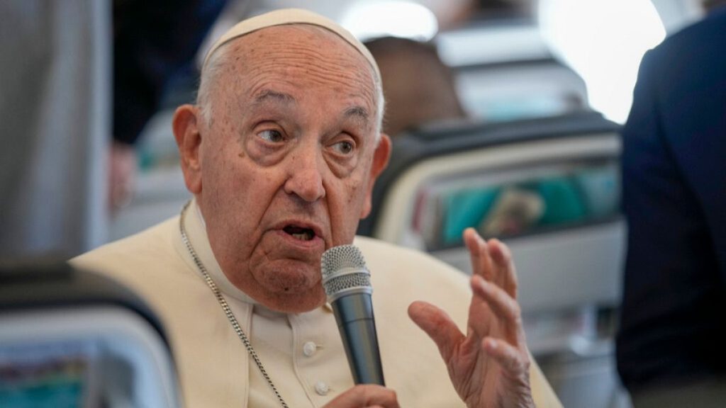 Pope Francis talks to journalists on the flight back to Rome at the end of his four-day visit to Belgium and Luxembourg, Sunday, 29 September, 2024.