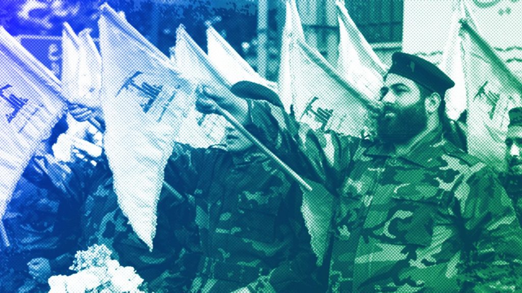 Hezbollah fighters rise their group flags and chant slogans as they attend the funeral procession of their comrade in the southern Beirut suburb of Dahiyeh, March 2024