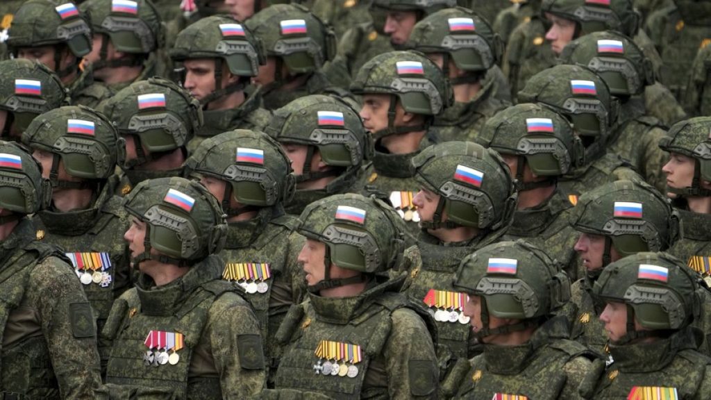 Russian soldiers march during the Victory Day military parade dress rehearsal at Red Square in Moscow, Russia, on 5 May, 2024.