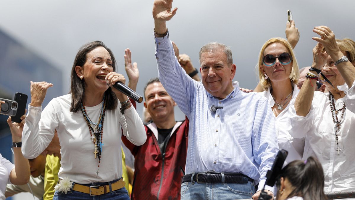 Venezuelan opposition leaders María Corina Machado and Edmundo González Urrutia during a protest in Caracas