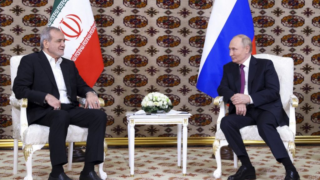 Iranian President Massoud Pezeshkian at a meeting with Vladimir Putin in Ashgabat, Turkmenistan