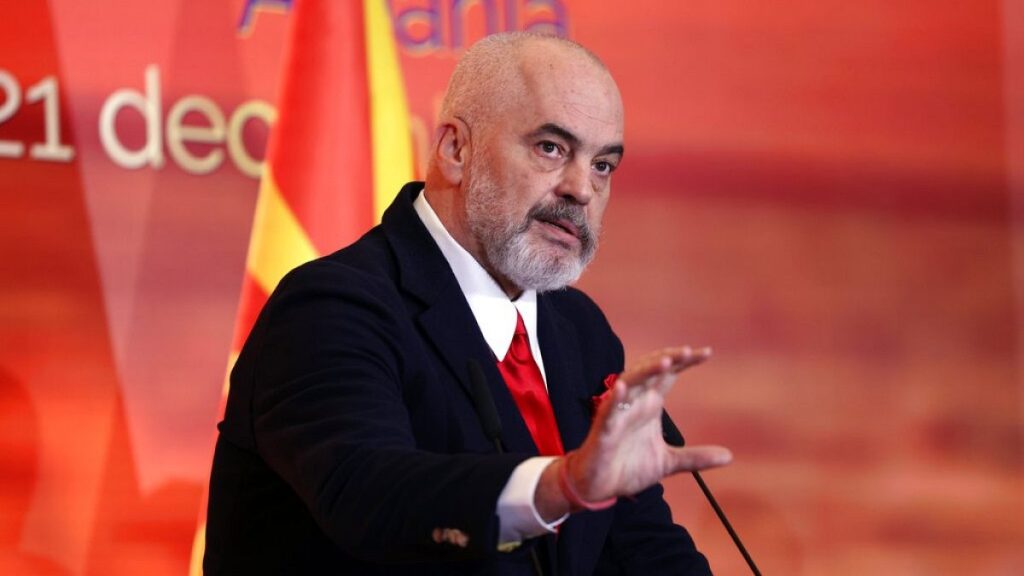 Albanian Prime Minister Edi Rama speaks during a press conference at the Palace of Brigades, Tirana, Albania, Tuesday, Dec. 21, 2021.