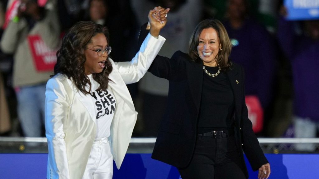 Donald Trump is unimpressed by Beyoncé and Kamala Harris’ celebrity turnout - pictured here: Harris with Oprah