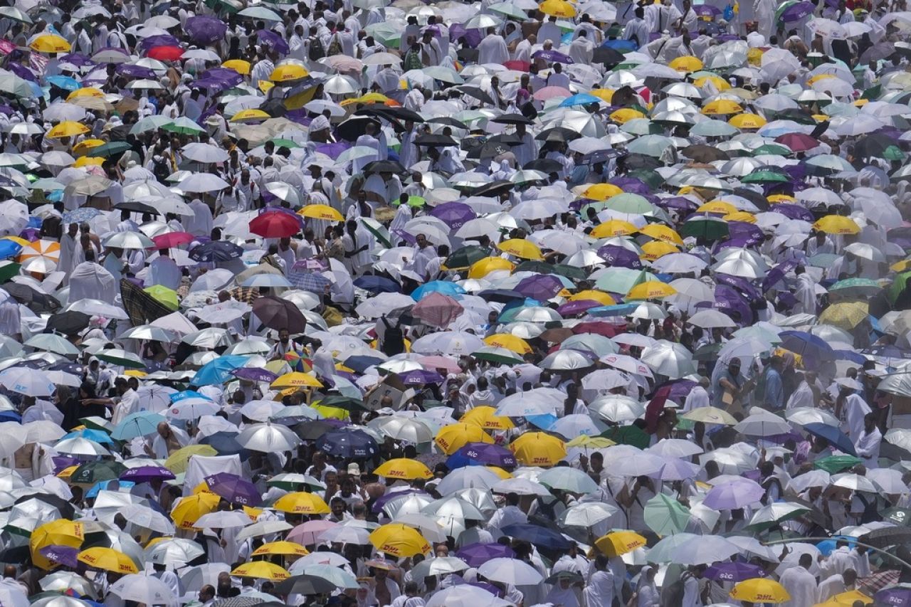 Les pèlerins utilisent des parapluies pour se protéger du soleil lorsqu'ils se rassemblent devant la mosquée Nimrah pour offrir les prières de midi à Arafat, pendant le Hajj annuel.