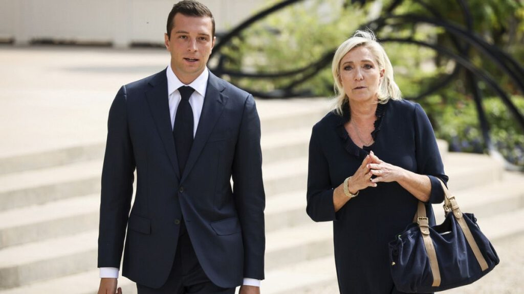 File photo: French far-right leader Marine Le Pen and her protege Jordan Bardella leave a meeting in Paris, France, 26 August 2024