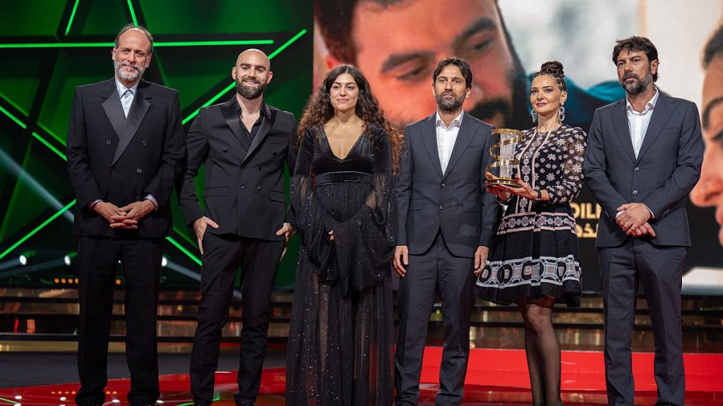 Leading cast members of Golden Star winner Happy Holidays with director Luca Guadagnino - Tawfiq Danial, Mona Copti, Tony Copti, Jiries Copti et Manar Shehab