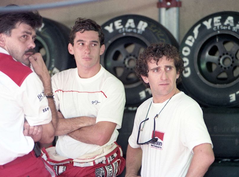 Ayrton Senna, à gauche et Alain Prost au Grand Prix de Monaco le 4 mai 1989.
