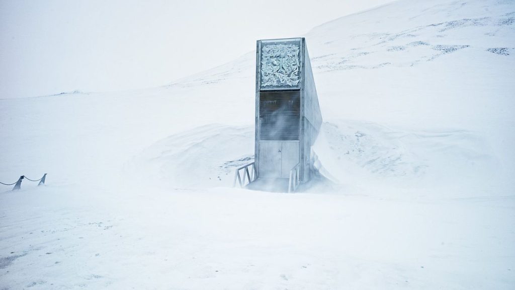 The portal building and the entrance of the Seed Vault on a winterly day