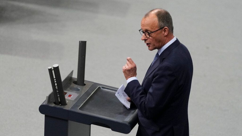 German opposition leader and Christian Union parties floor leader Friedrich Merz speaks after the debate and a voting about migration at the German parliament Bundestag.