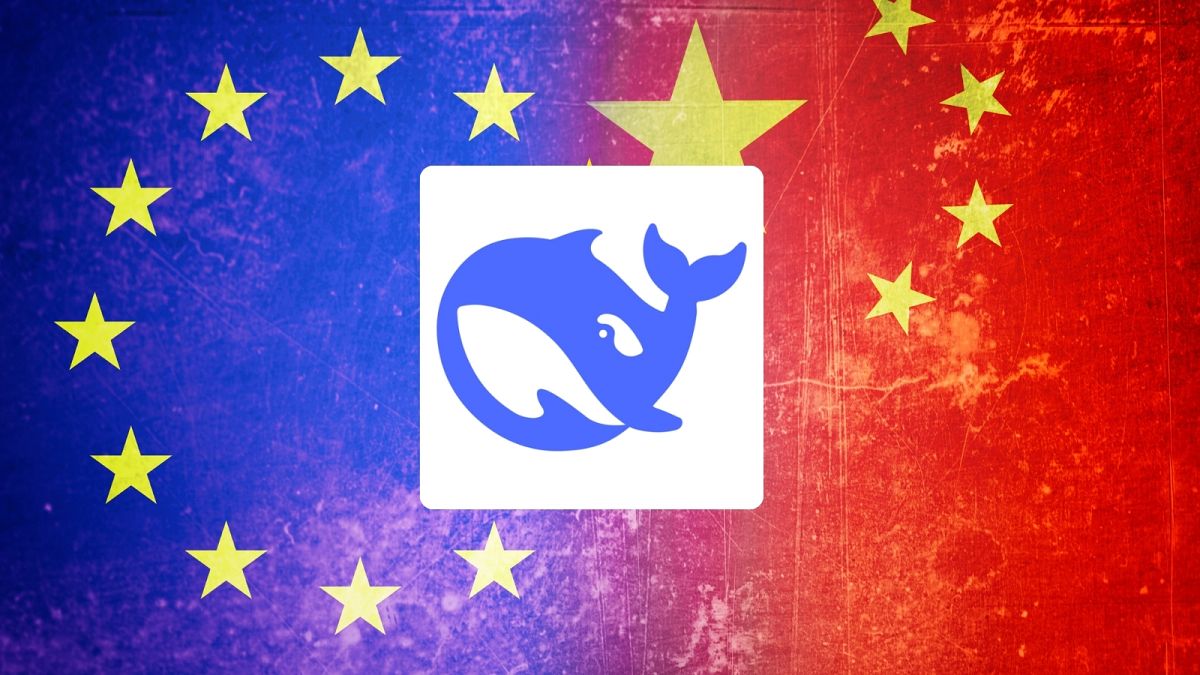 DeepSeek logo on a China and EU flag