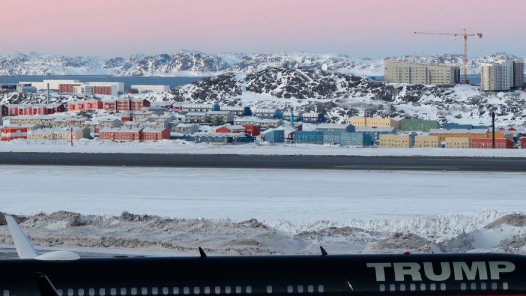 A plane carrying Donald Trump Jr. lands in Nuuk, Greenland, Tuesday, Jan. 7, 2025.