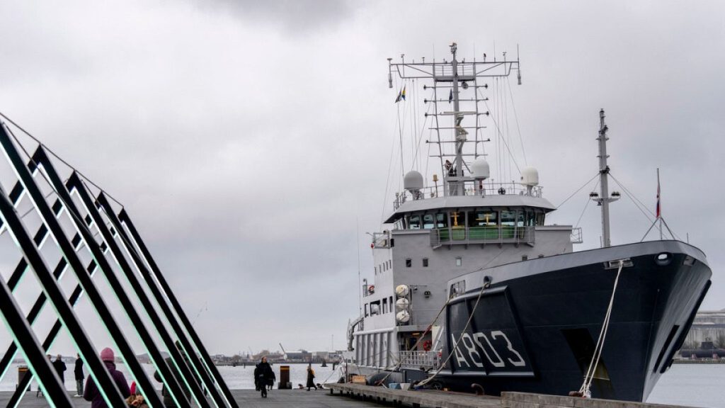 NATO naval vessels are docked at Ofelia Plads in Copenhagen Harbor, Sunday, Jan. 26, 2025, as the vessel A803 will participate in NATO