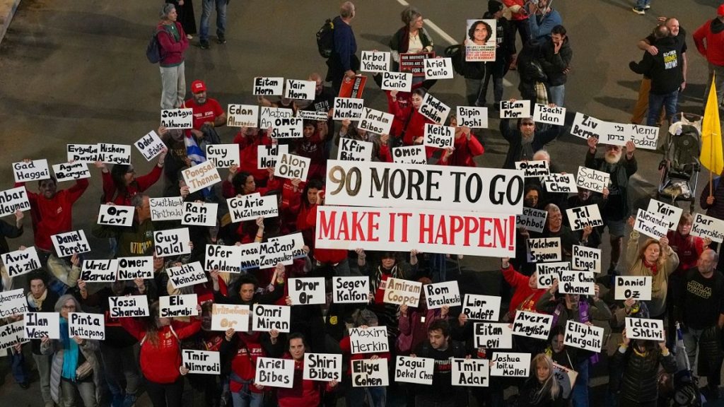 Demonstrators protest calling for the immediate release of the hostages held in the Gaza Strip by the Hamas militant group in Tel Aviv, Israel, Saturday, Jan. 25, 2025.