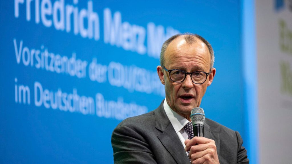 Friedrich Merz, Federal Chairman of the CDU and leader of the CDU/CSU parliamentary group in the Bundestag, speaks at the discussion event.