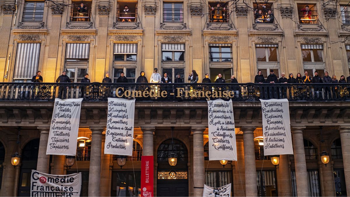 Striking comedians of the Comedie-Francaise perform outside the French theatre the Comedie-Francaise, in Paris, France, Sunday, March 1, 2020.