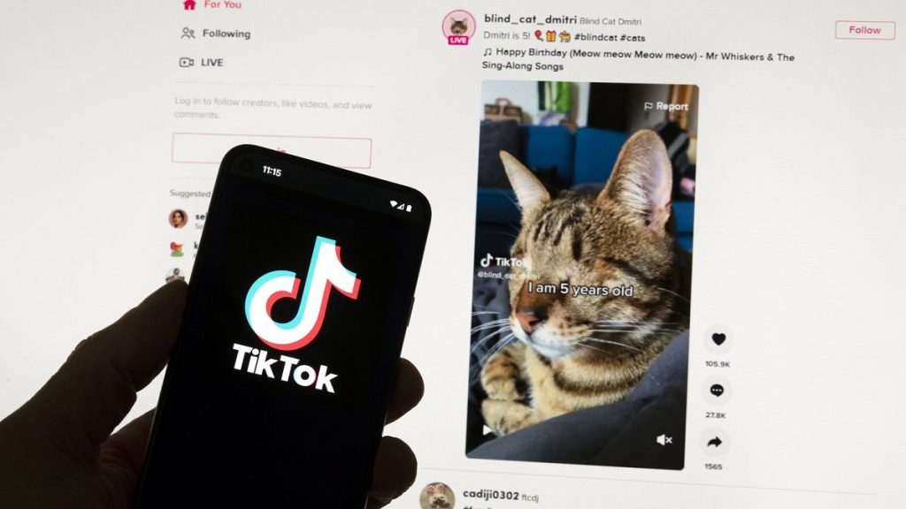 The TikTok logo is seen on a mobile phone in front of a computer screen which displays the TikTok home screen, on March 18, 2023.