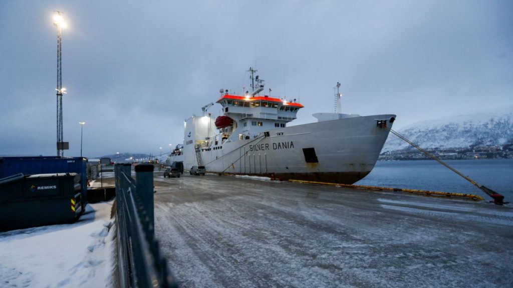 The Norwegian-owned ship Silver Dania at the port of Tromsø, Norway, for investigation Friday, Jan.31, 2025.