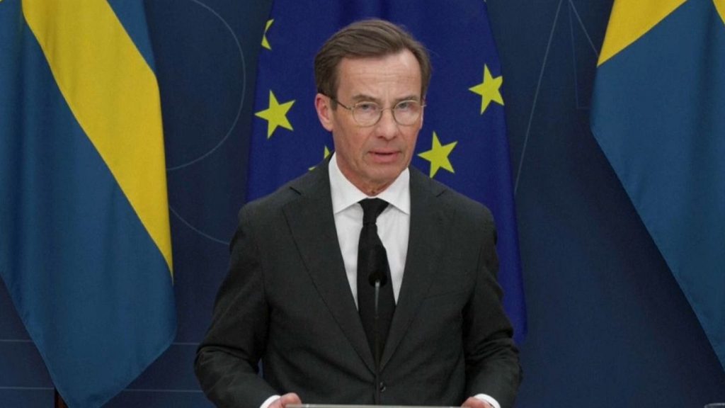 Swedish PM Ulf Kristersson speaks at a news conference in Stockholm following a mass shooting in Örebro.