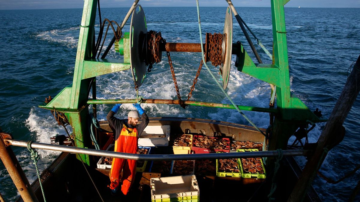 French fisherman tands aboard the trawler Le Chant des Sirenes at the limits of the French-UK waters, off Granville, Normandy.