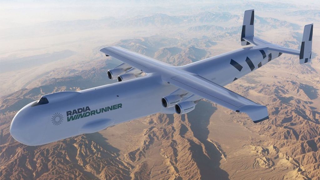 A rendering of the upcoming Radia WindRunner cargo aircraft in flight