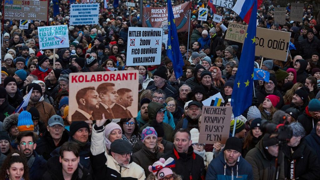 People take part in an anti-government protest at the Freedom Square organised by political activists in Bratislava, 7 February, 2025