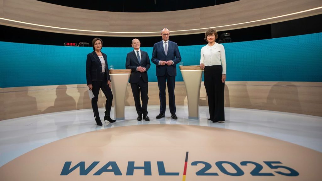 German Chancellor Olaf Scholz, centre left, and Friedrich Merz, CDU candidate for chancellor, before a TV election debate in Berlin, 9 February, 2025