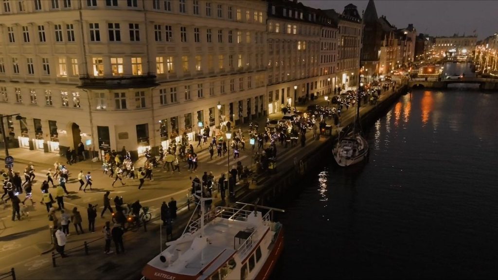 Aerial view of the Light Art Run during Copenhagen Light Festival