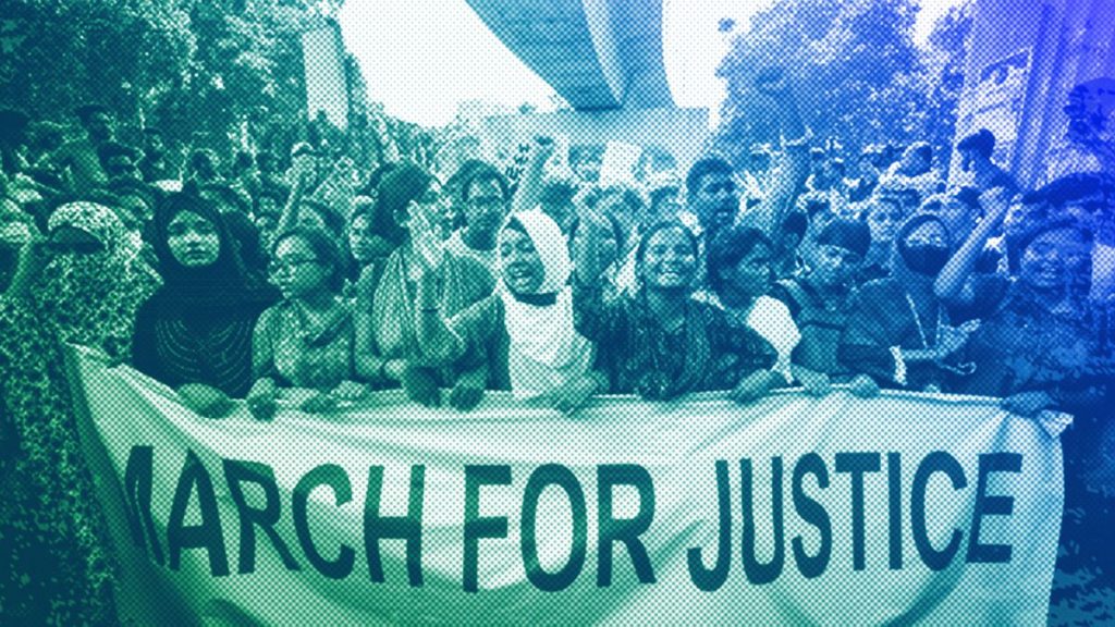 University students shout slogans during a protest to demand justice for the victims killed in deadly clashes and ask for their campuses to be opened, in Dhaka, July 2024
