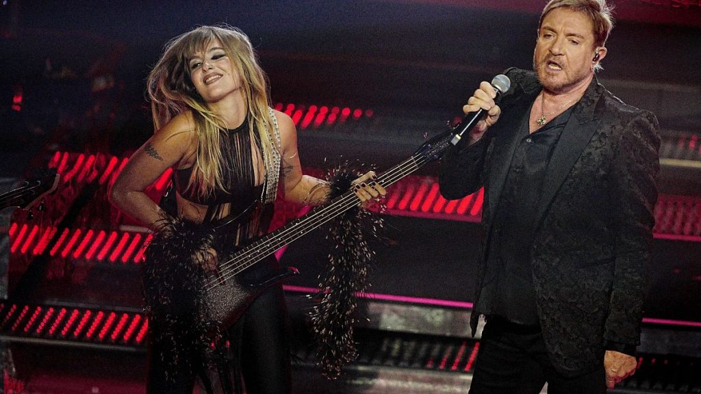 Simon Le Bon of Duran Duran and Victoria De Angelis of Maneskin perform during the third evening of the 75th edition of the Sanremo Festival (13 February 2025)