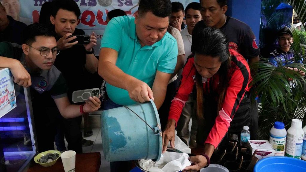 Village chief Carlito Cernal, centre, pours a container with mosquito larvas that was captured by a resident in Mandaluyong city, Philippines, 19 February 2025