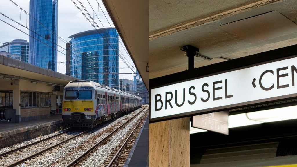 A train in the business area of Brussels, and the Brussels Central Station sign